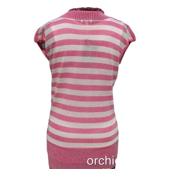 Cache Plunging V Neck Pink White Metallic Knit Top New Size S/M Stretch $88 NWT - Picture 5 of 6